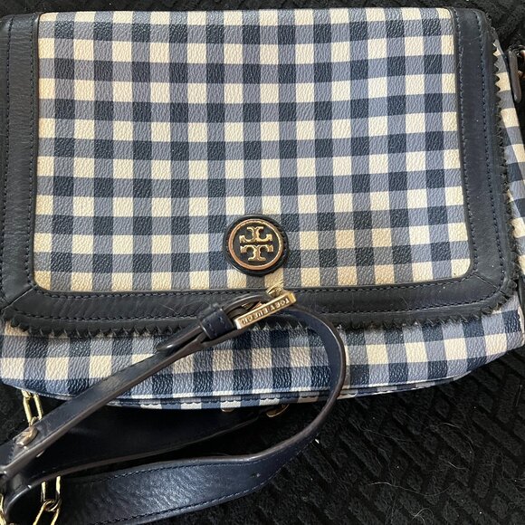 Tory Burch Leather Chain Kerrington Gingham Check Crossbody Shoulder Bag Navy - Picture 1 of 4